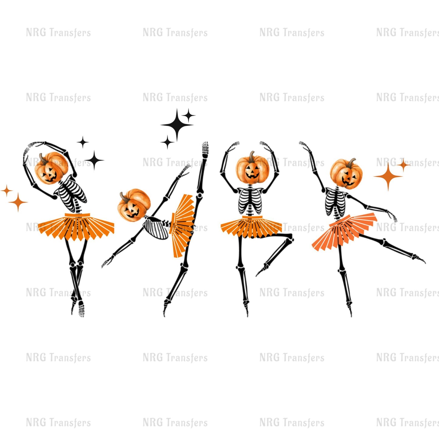 three dancing skeletons with pumpkins on their heads