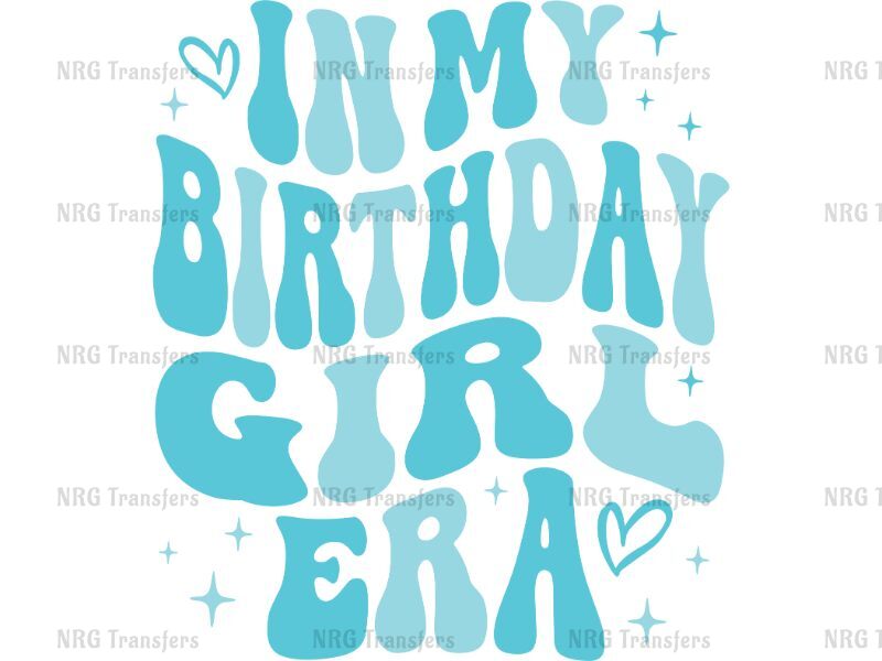 a blue happy birthday girl phrase with stars and hearts