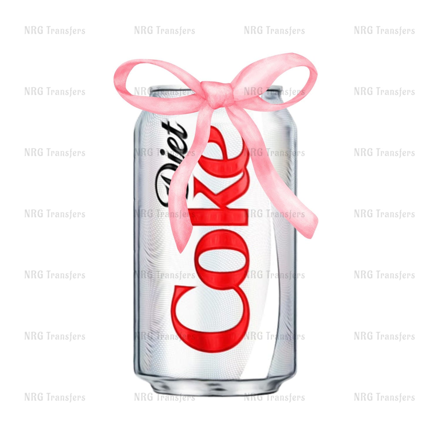 a can of coke with a pink ribbon tied around it