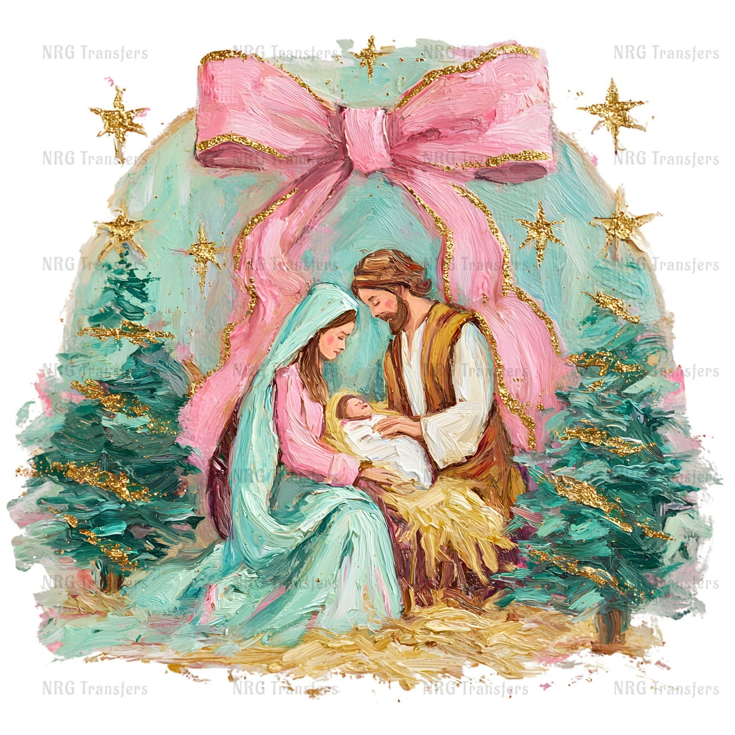 a nativity scene with a man, a woman, and a baby, all dressed in traditional religious attire. The scene is set against a backdrop of a large pink bow and gold stars, creating a festive and celebratory atmosphere.