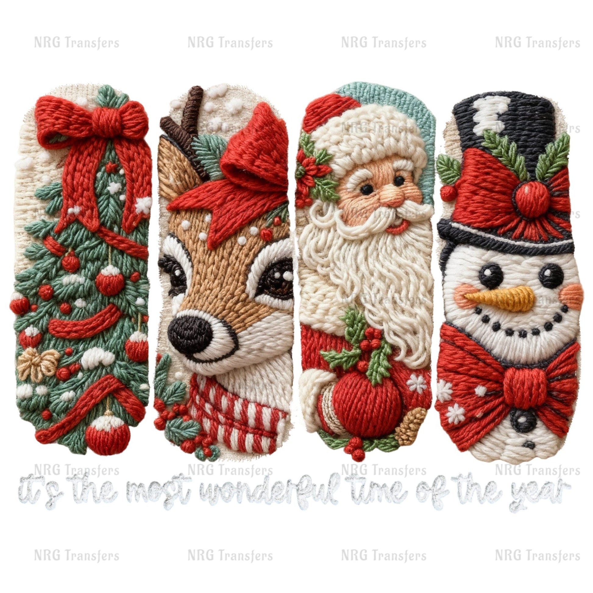 four embroidered Christmas ornaments, each with a unique design and festive theme.