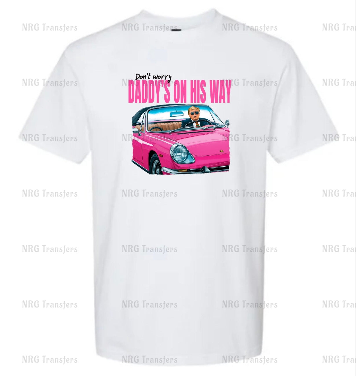 a white t - shirt with a pink car on it