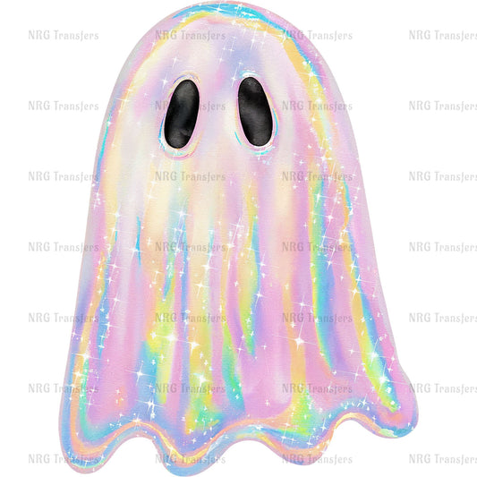 a white ghost with two eyes and a multicolored pattern