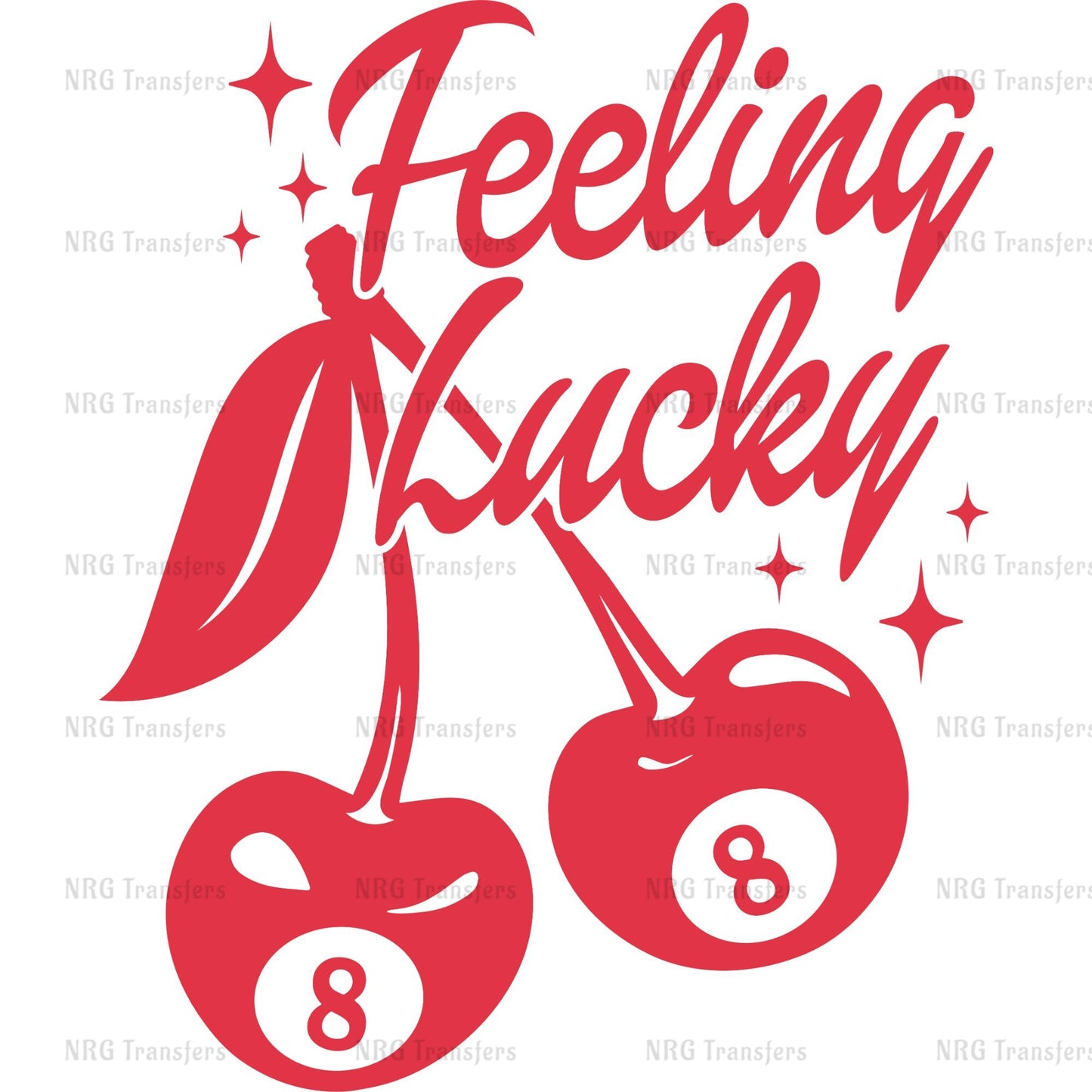 a red sticker that says feeling lucky with two cherries