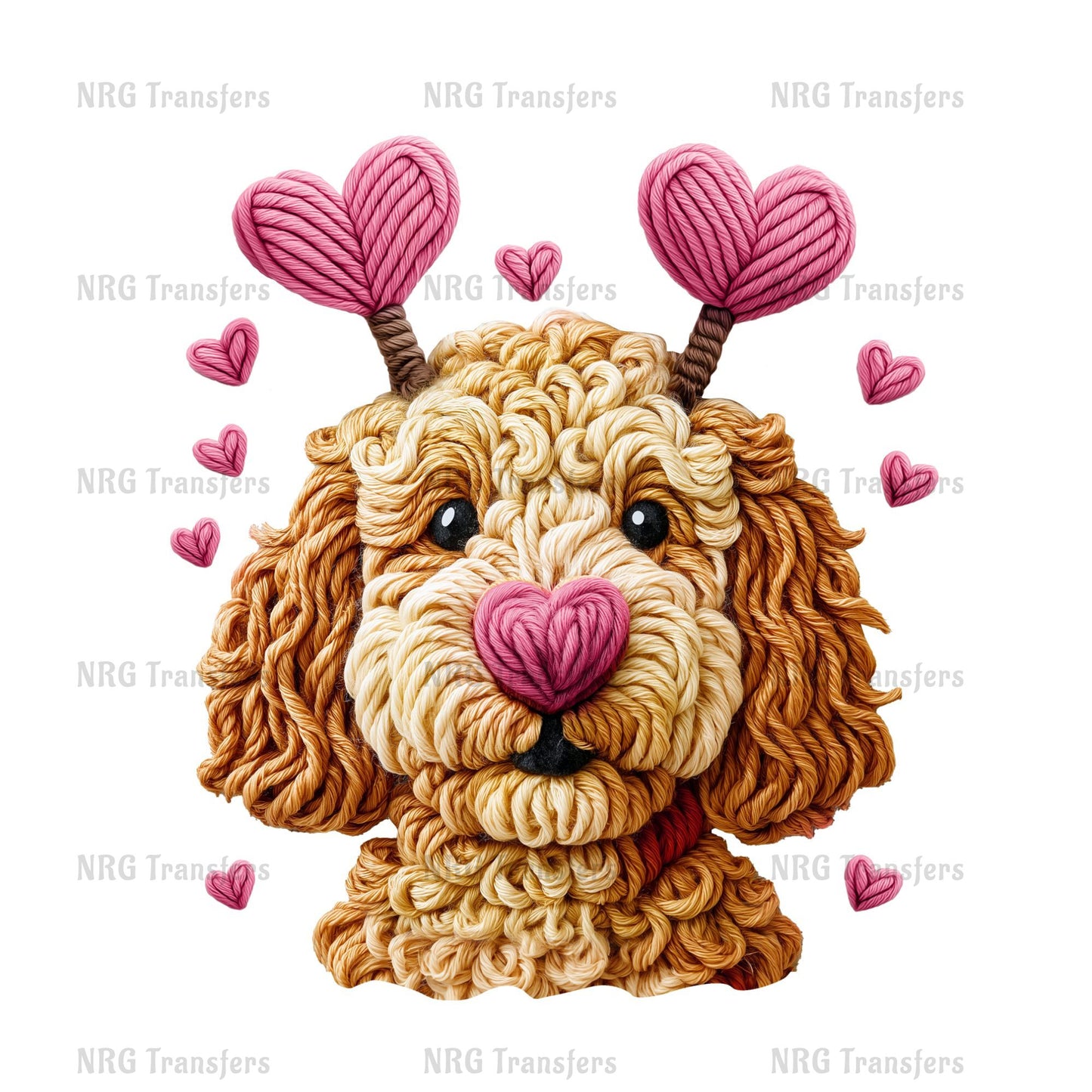 A close-up of a dog's face with heart-shaped decorations on its ears and a pink nose, surrounded by smaller heart-shaped decorations.