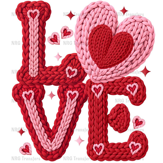 The image is a collage of various images that come together to form the word "LOVE". The word is composed of different shapes and patterns, including hearts and other decorative elements, all in a vibrant red and pink color scheme.