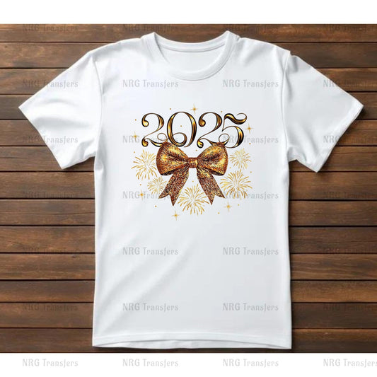 a white shirt with a gold bow on it