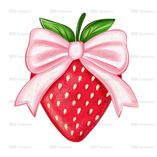 A pink bow tied around a red strawberry with green leaves.