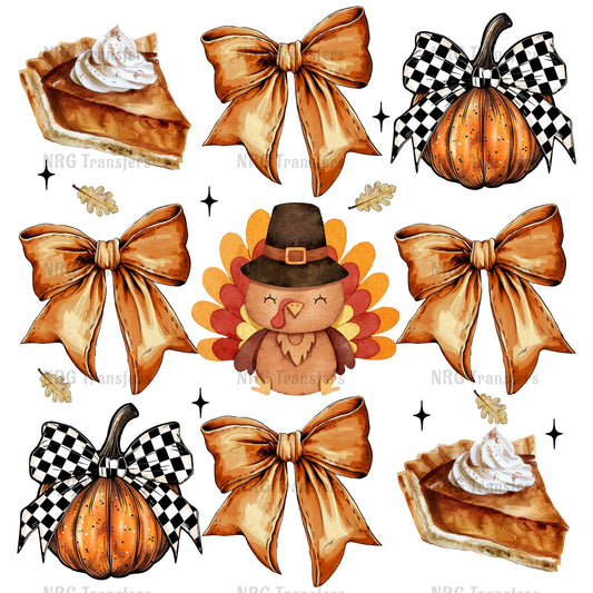 a watercolor painting of pumpkins, pies, and bows