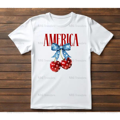 a white t - shirt with red, white and blue balloons on it