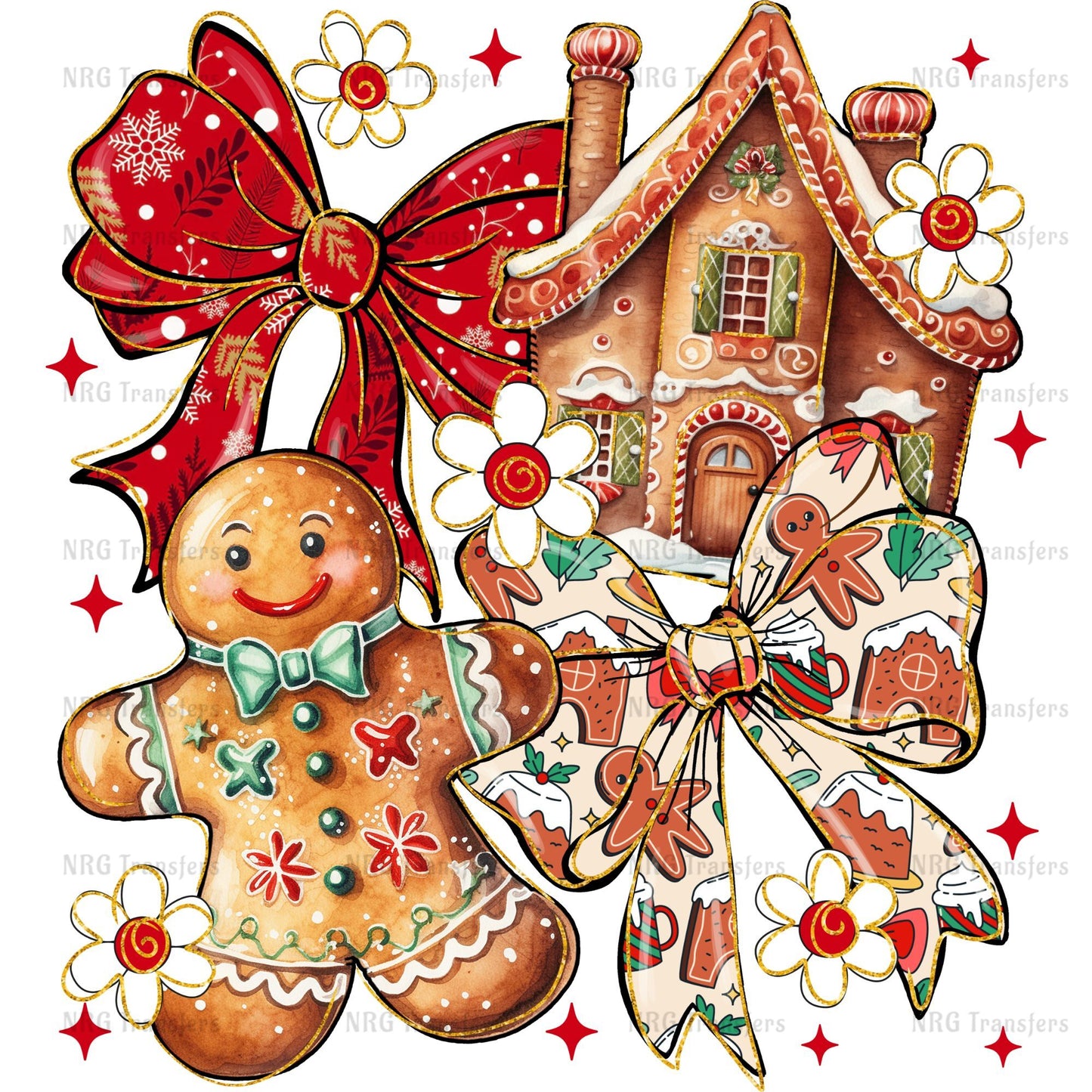 A gingerbread man figure with a bow, surrounded by various Christmas-themed elements such as a house, flowers, and other decorative items.