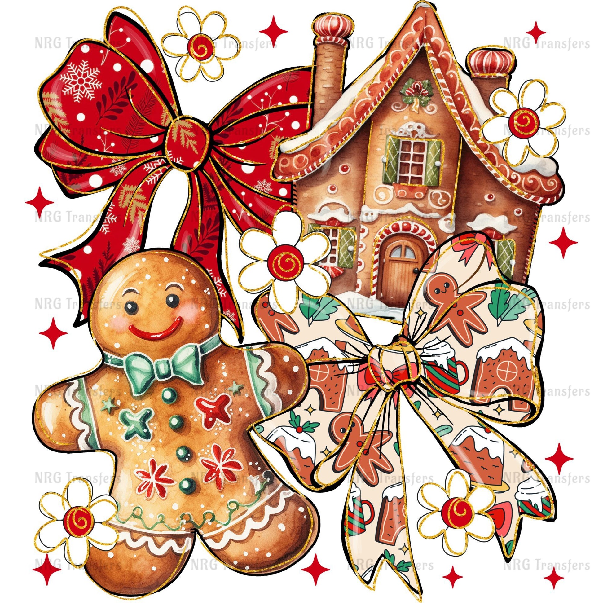 A gingerbread man figure with a bow, surrounded by various Christmas-themed elements such as a house, flowers, and other decorative items.