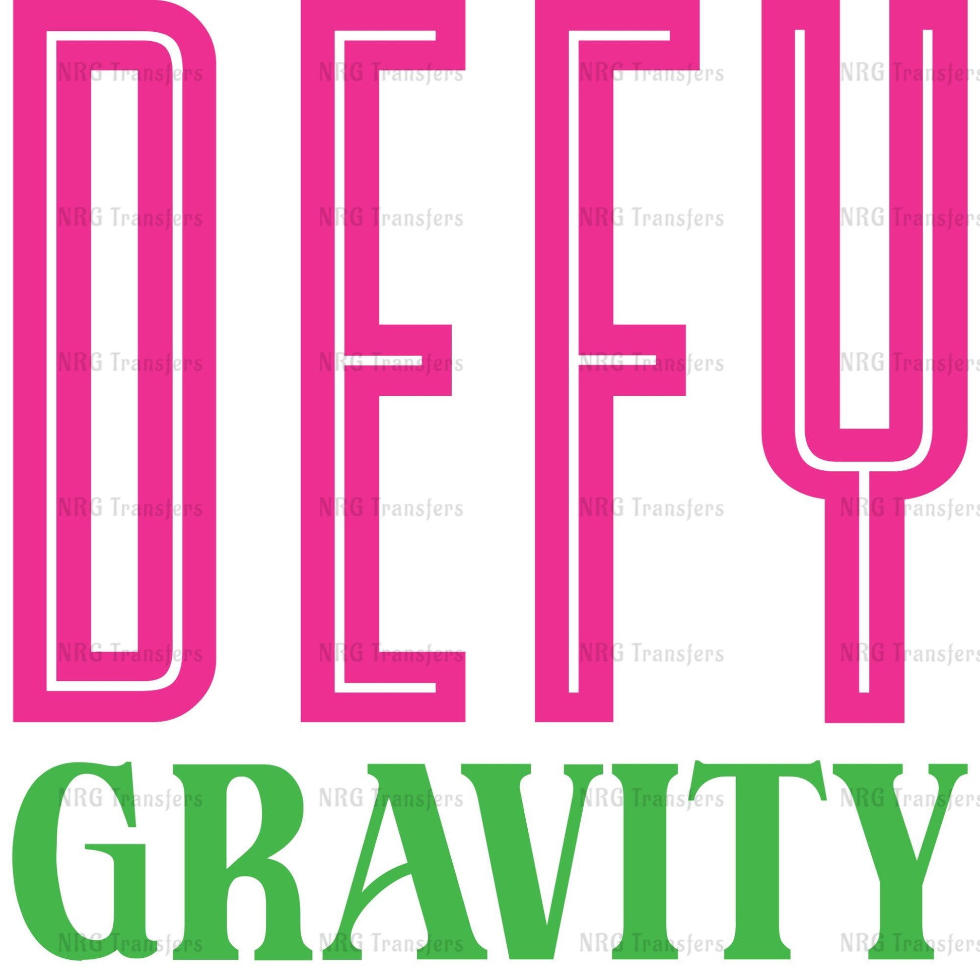 a pink and green logo with the words defy gravity