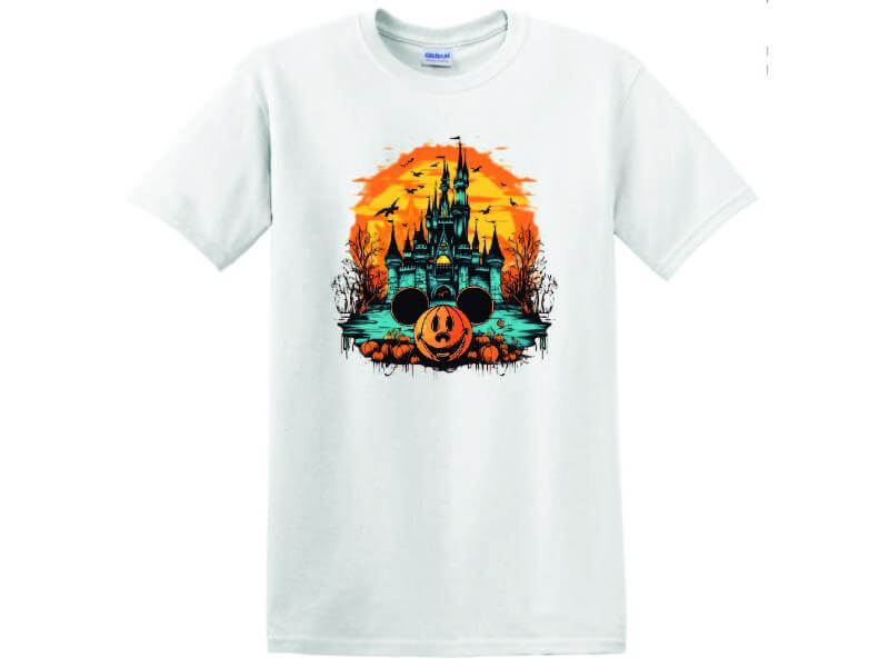 a white t - shirt with a castle on it