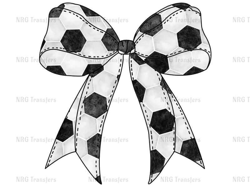 a black and white bow with soccer balls on it