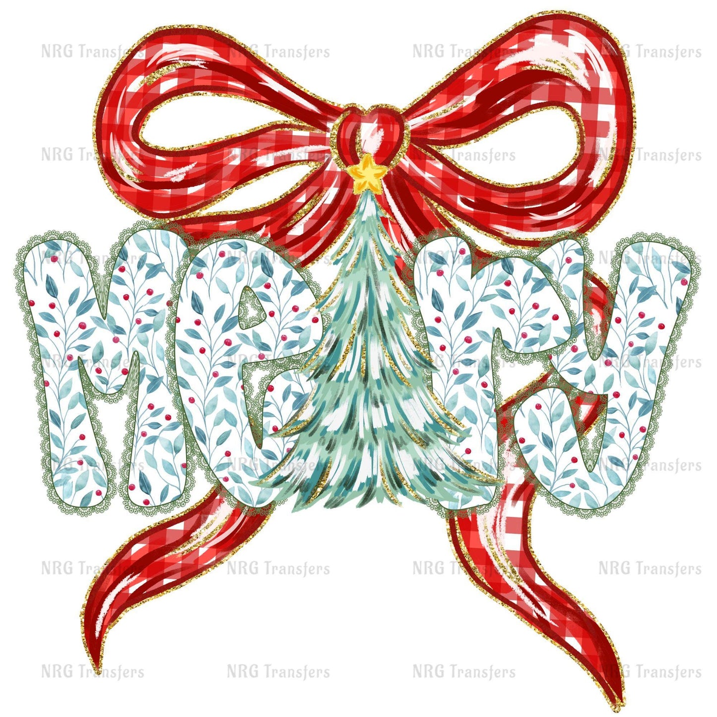 a Christmas-themed design with a large red bow, a tree with green leaves and red berries, and the word "MERRY" written in a decorative font.