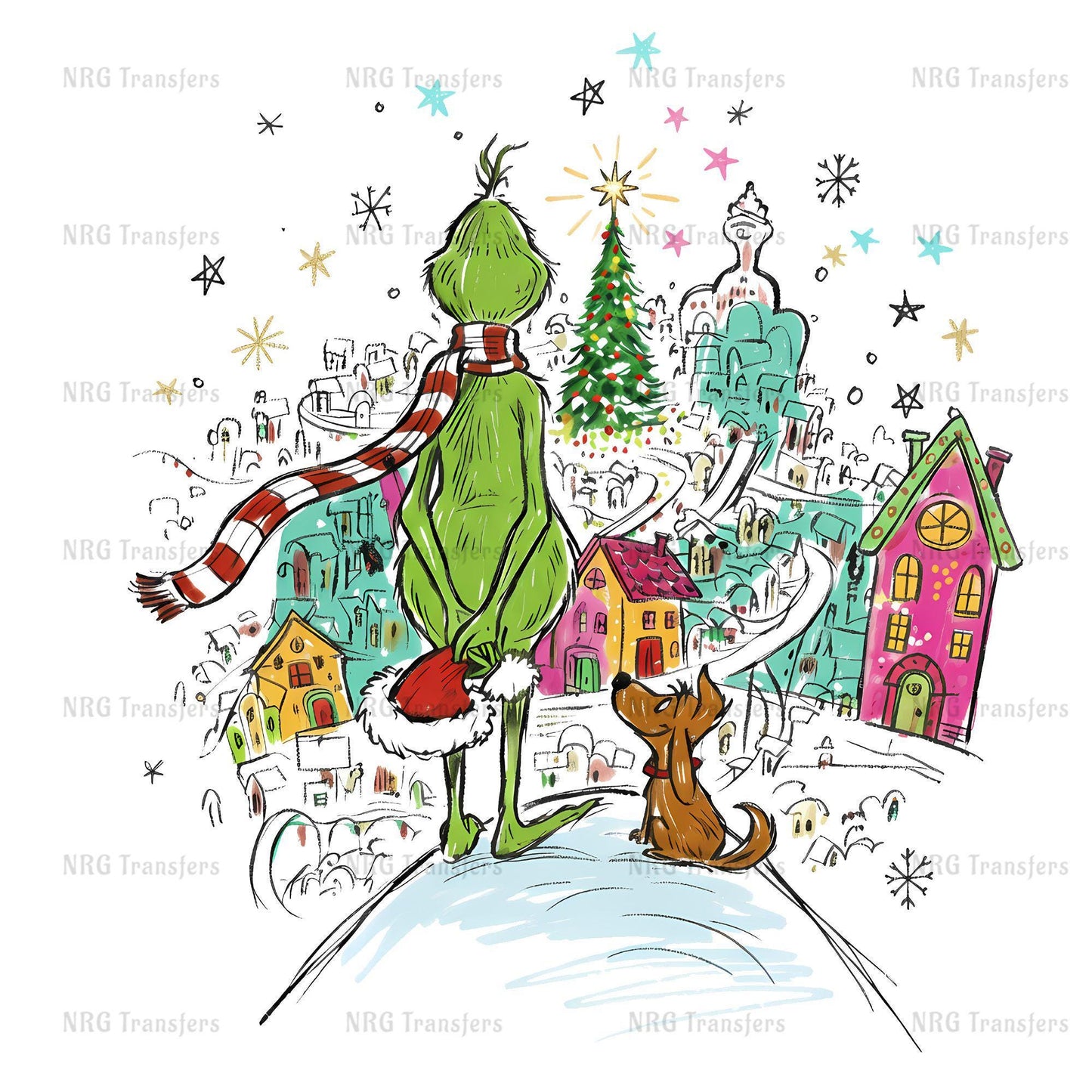 A whimsical illustration depicting a green Grinch standing on a snowy hill, looking up at a colorful, festive village below. The village is filled with buildings, trees, and a Christmas tree, creating a lively and joyful atmosphere.