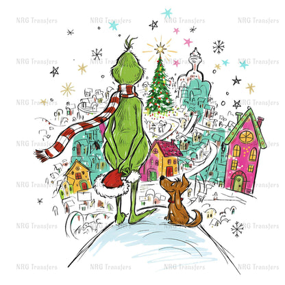 A whimsical illustration depicting a green Grinch standing on a snowy hill, looking up at a colorful, festive village below. The village is filled with buildings, trees, and a Christmas tree, creating a lively and joyful atmosphere.
