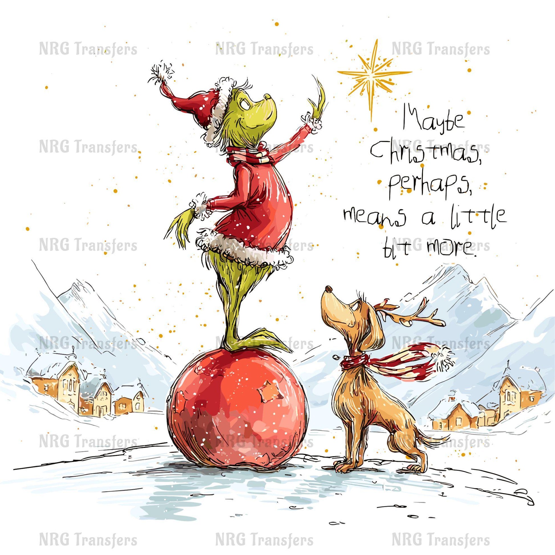 A green frog dressed in a red outfit is standing on a large red ball, reaching up towards a star, while a brown dog looks on. The background features a snowy mountain landscape with buildings and trees.