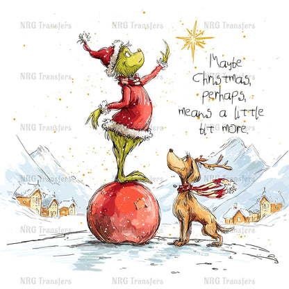 A green frog dressed in a red outfit is standing on a large red ball, reaching up towards a star, while a brown dog looks on. The background features a snowy mountain landscape with buildings and trees.