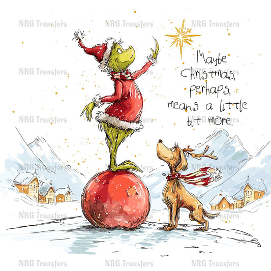 A green frog dressed in a red outfit is standing on a large red ball, reaching up towards a star, while a brown dog looks on. The background features a snowy mountain landscape with buildings and trees.