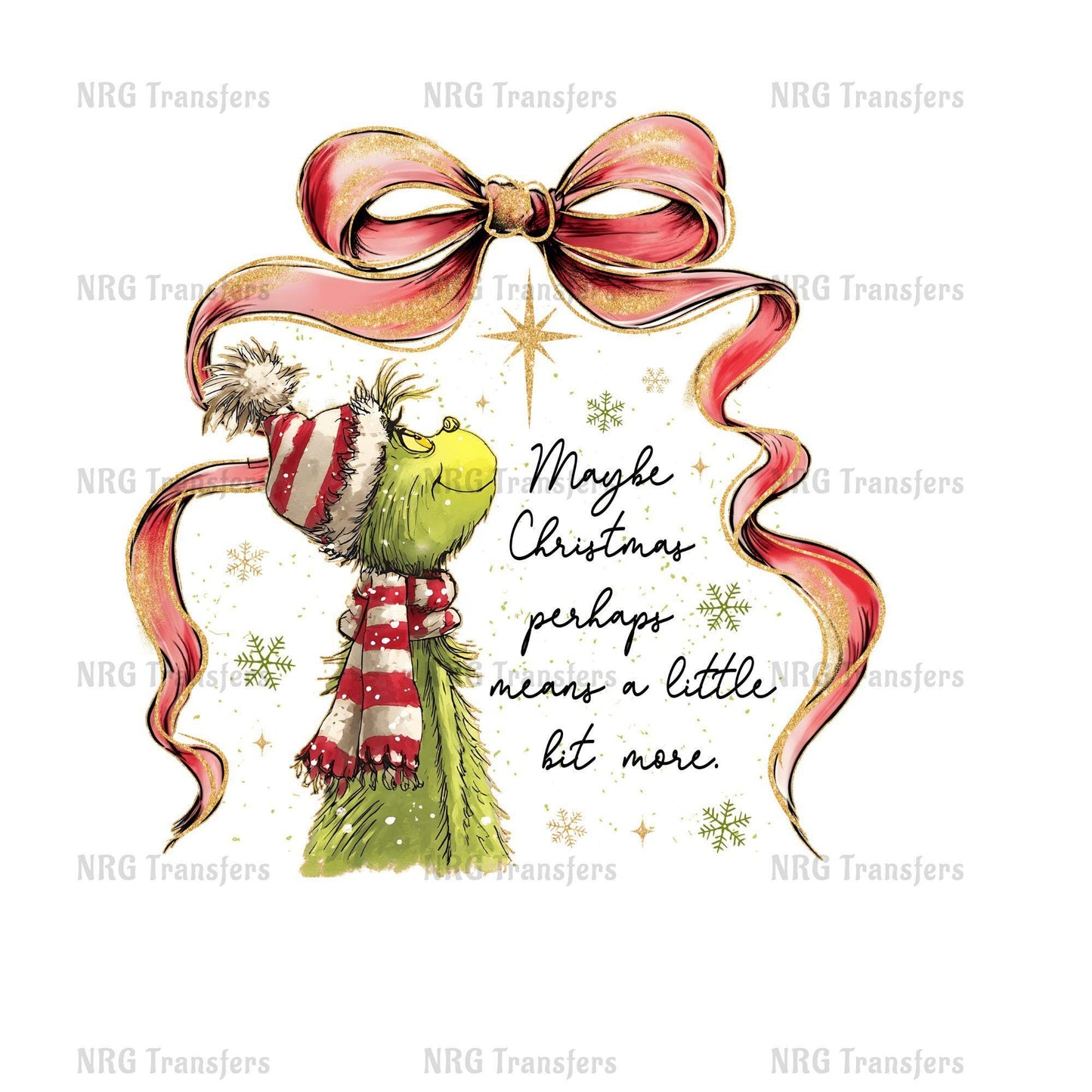 A Christmas-themed illustration featuring a green Grinch-like character wearing a red and white striped hat and scarf, with a large red bow and snowflakes in the background.