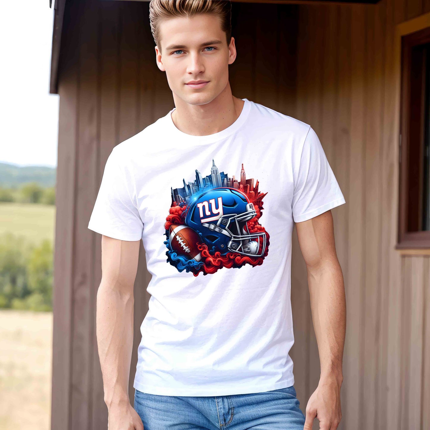 a young man wearing a new york giants football helmet t - shirt