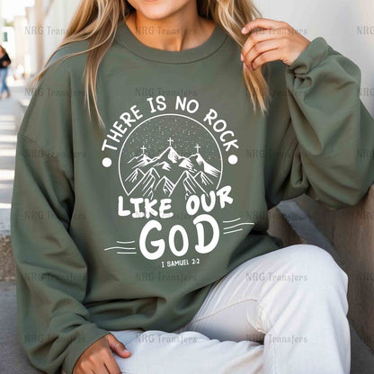 a woman wearing a sweatshirt that says, there is no rock like our god