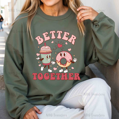 a woman wearing a sweatshirt that says better together