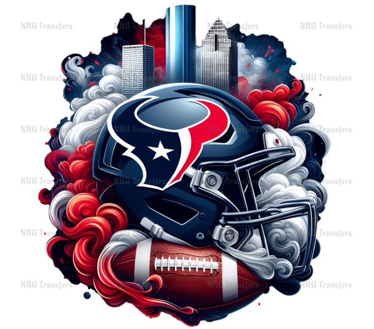 a football helmet with the houston skyline in the background