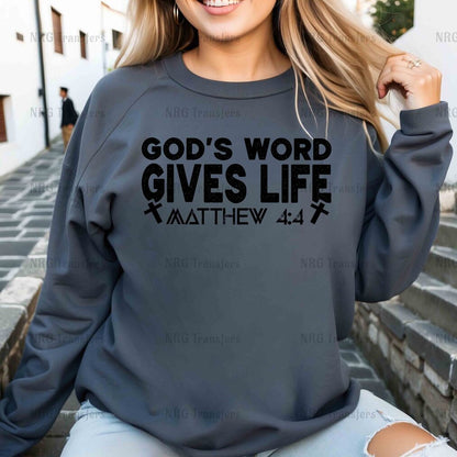 a woman wearing a sweatshirt that says god's word gives life