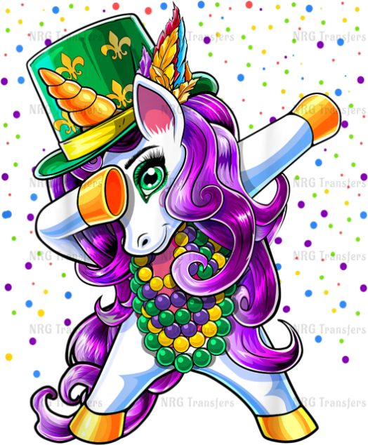 a cartoon unicorn with a top hat and beads