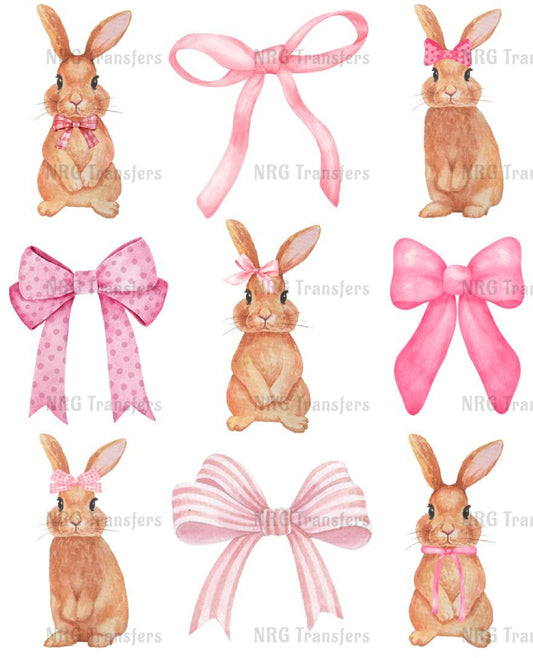 a set of watercolor easter bunnies with pink bows