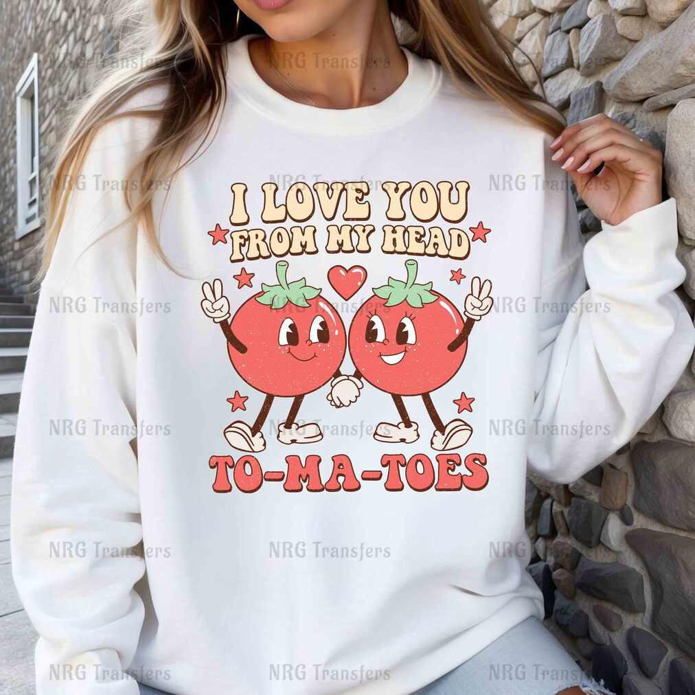 a woman wearing a sweatshirt that says i love you from my head to - ma