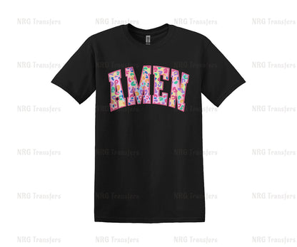 a black t - shirt with the word amen printed on it