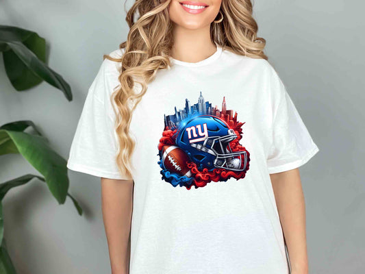 a woman wearing a new york giants t - shirt