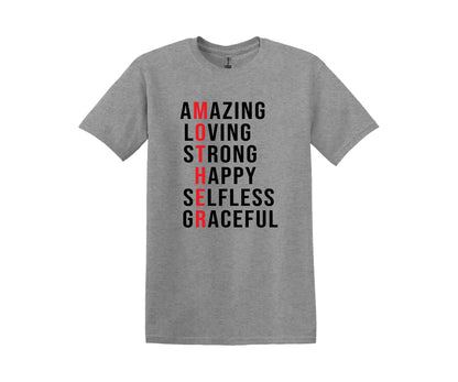 a gray t - shirt with the words amazing loving, strong, happy, self