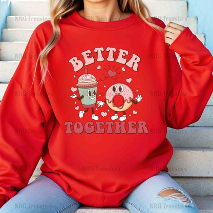 a woman wearing a red sweatshirt that says better together