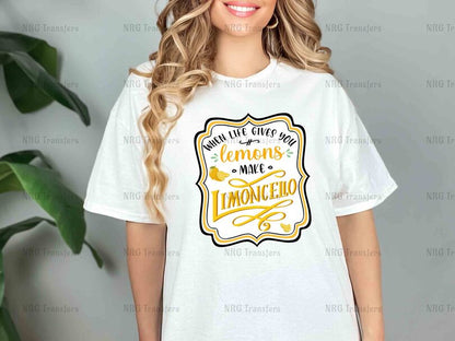 a woman wearing a white t - shirt with the words lemonade on it