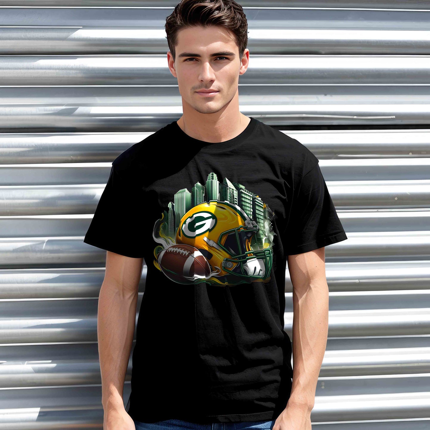 a young man wearing a green bay packers t - shirt