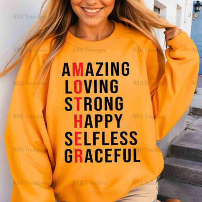 a woman wearing a yellow sweatshirt that says amazing loving strong happy selfies graceful