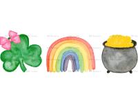 a st patrick's day scene with a pot of gold, a rainbow and