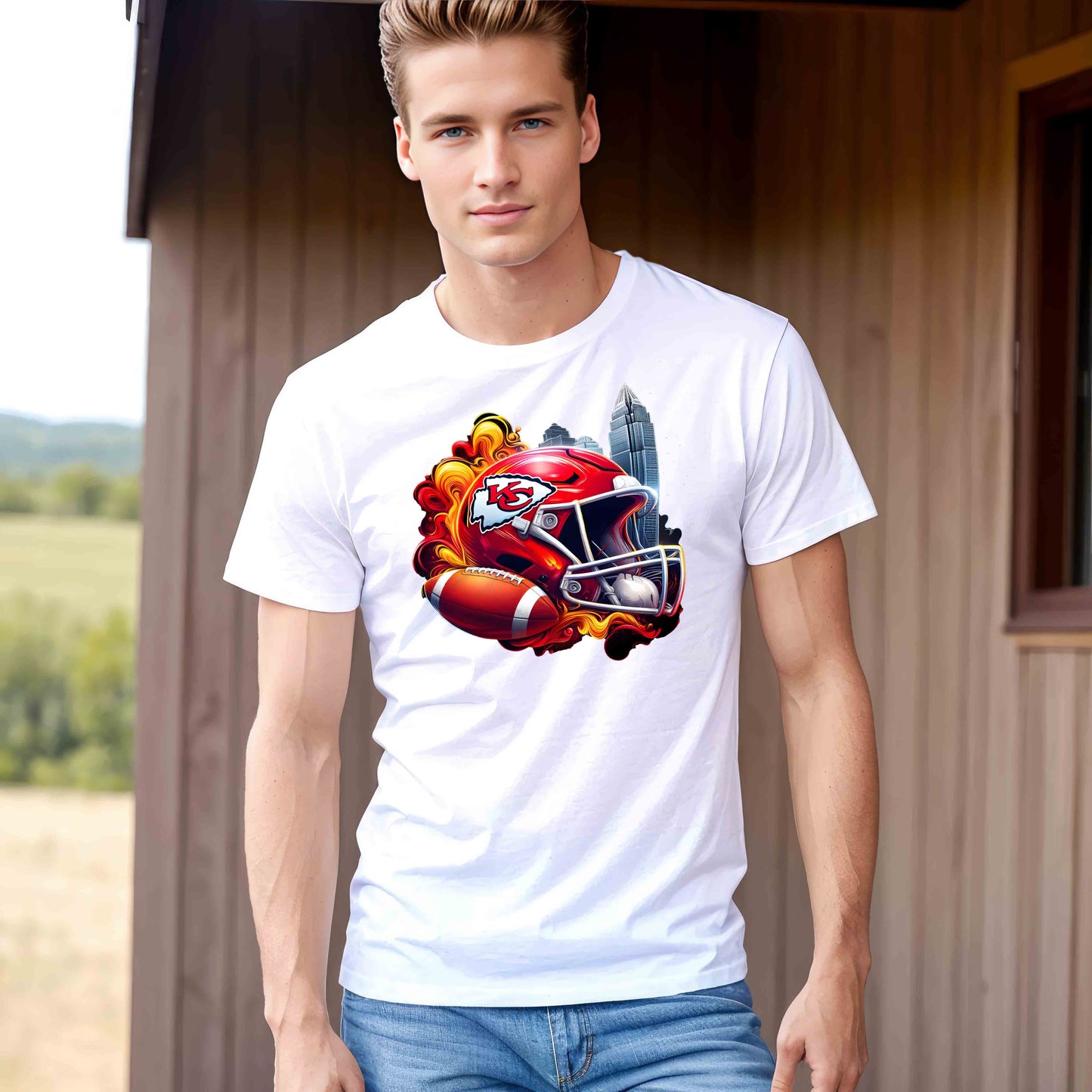 a man wearing a white shirt with a hot dog on it