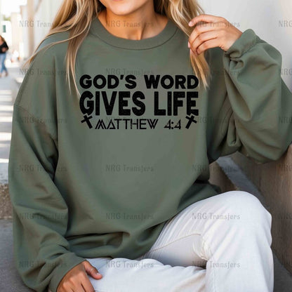 a woman wearing a sweatshirt that says god's word gives life