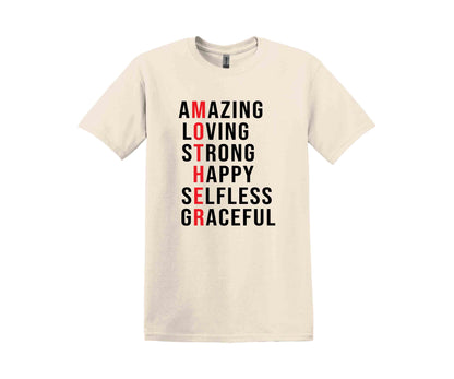 a white t - shirt with the words amazing loving, strong, happy, self