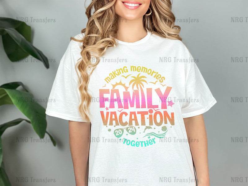 a woman wearing a family vacation t - shirt