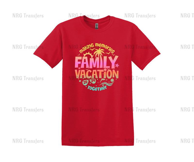 a red t - shirt with the words family vacation printed on it