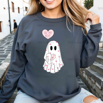 a woman wearing a sweatshirt with a ghost on it