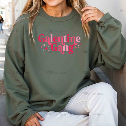 a woman wearing a sweatshirt that says valentine gang