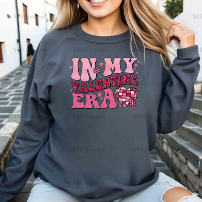 a woman wearing a sweatshirt that says in my valentine era